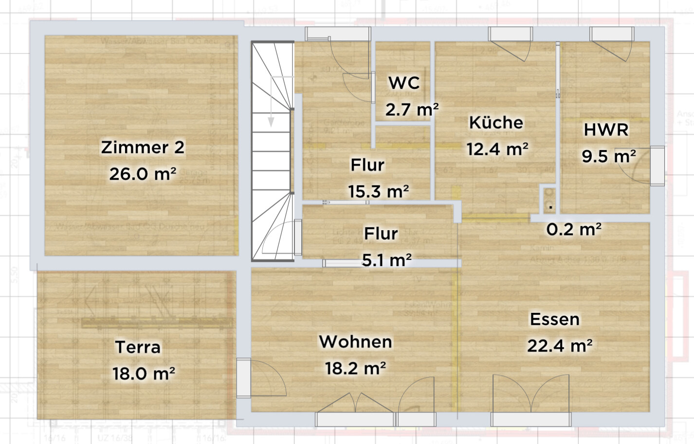 Grundriss eines Hauses mit Zimmer 2, Wohnen, Essen, Küche, HWR, WC, Flure und Terrasse.