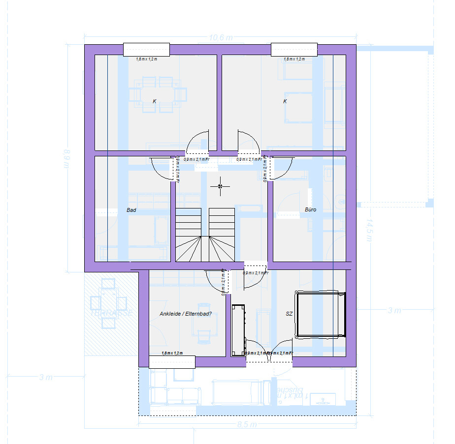 Grundriss eines Hauses mit Treppe, Fluren, Bad, Büro, Schlafzimmer und Ankleide.