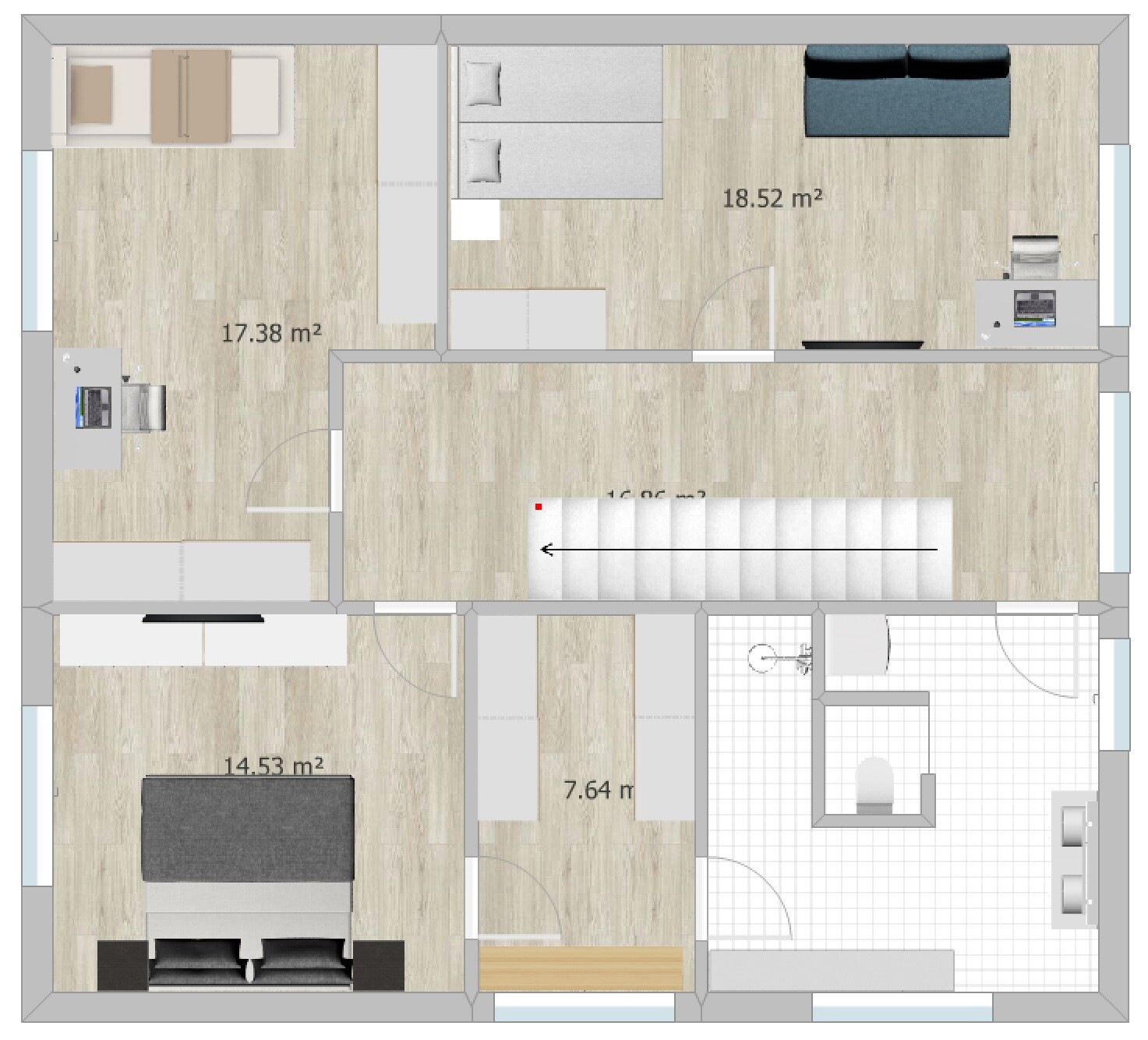 Grundriss einer Wohnung: mehrere Zimmer mit Betten, Sofa, Küche, Bad, Flächenangaben in m².