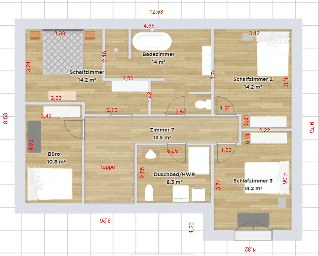 Grundriss einer Wohnung mit Büro, drei Schlafzimmer, Bad, Dusche/HWR und Treppe.