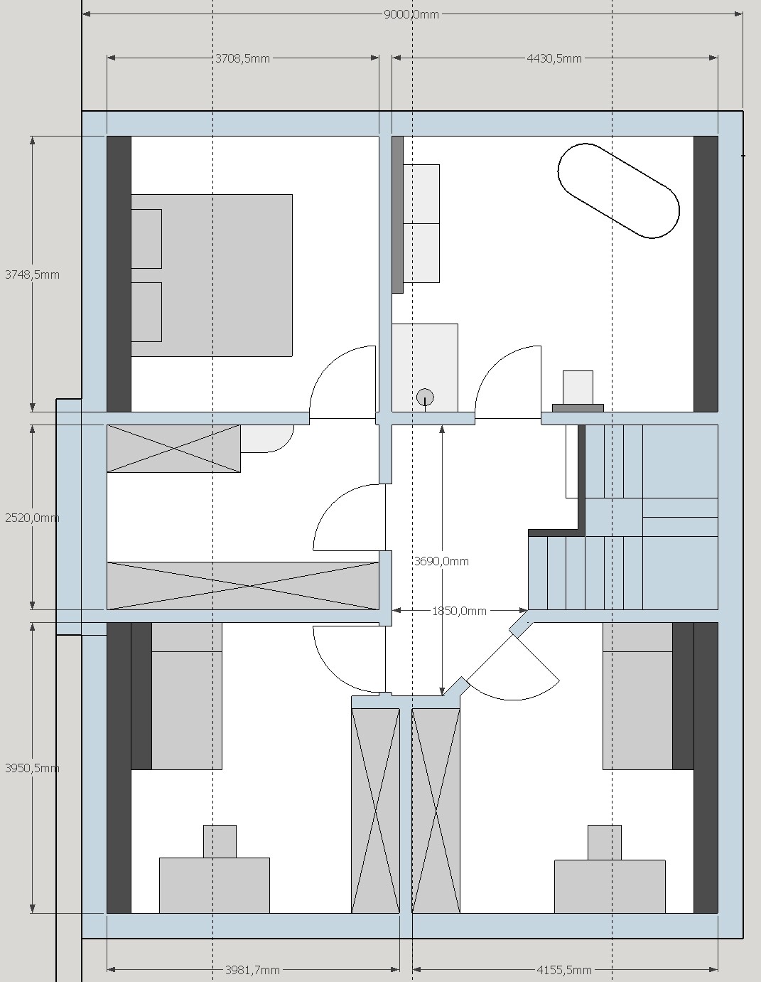 Grundriss eines Gebäudeteils mit mehreren Räumen, Türen, Treppen und Möbeln, Größenmaße.