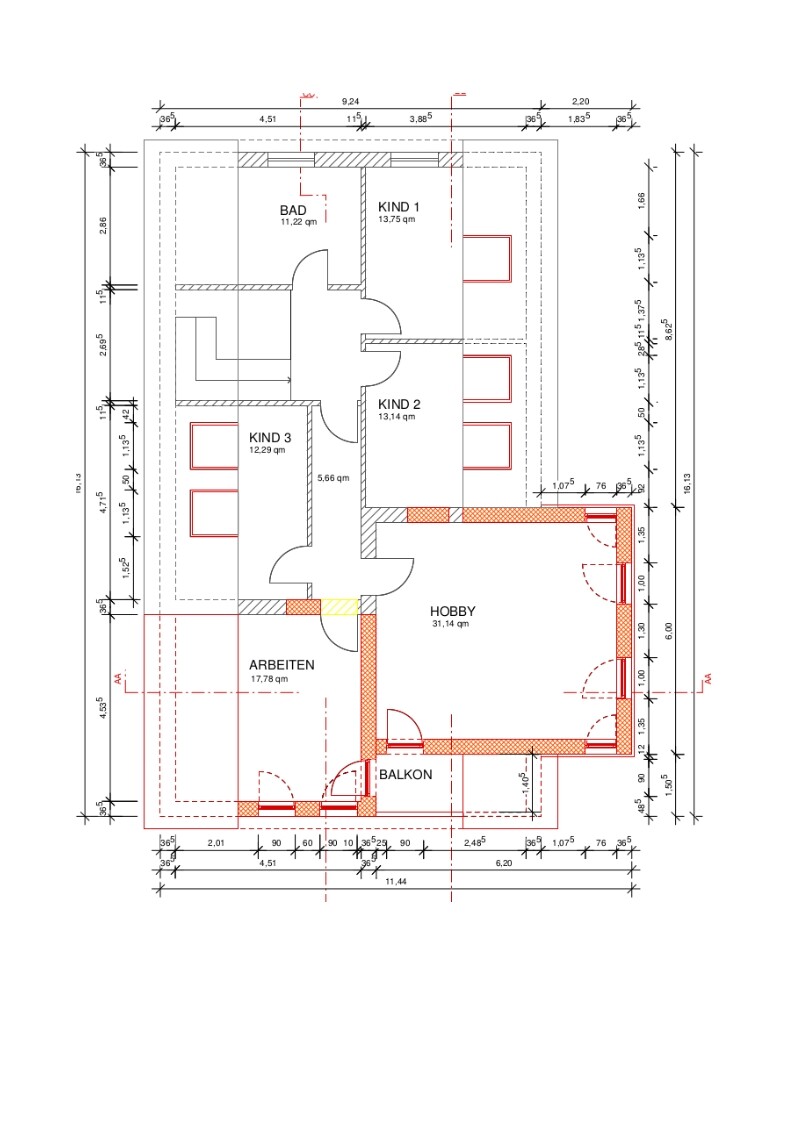 Grundriss eines Hauses mit Bad, KIND 1-3, ARBEITEN, HOBBY und Balkon.