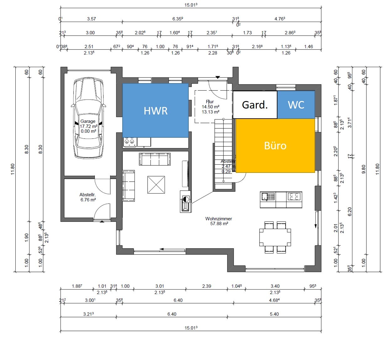 Grundriss eines Hauses: Garage links, HWR blau, Gard. klein, WC blau, Büro gelb, Wohnzimmer groß.