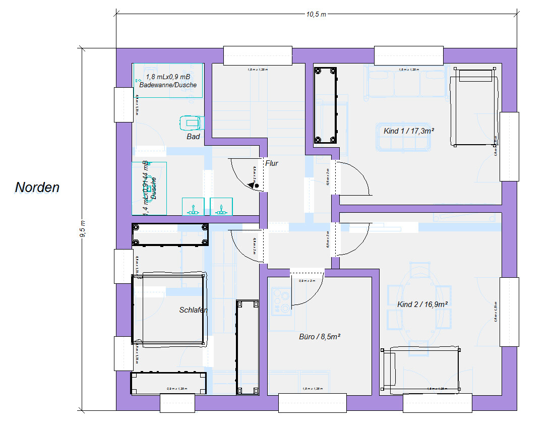 Grundrissplan eines Hauses mit Schlafzimmer, Büro, zwei Kinderräumen und Wohnzimmer.