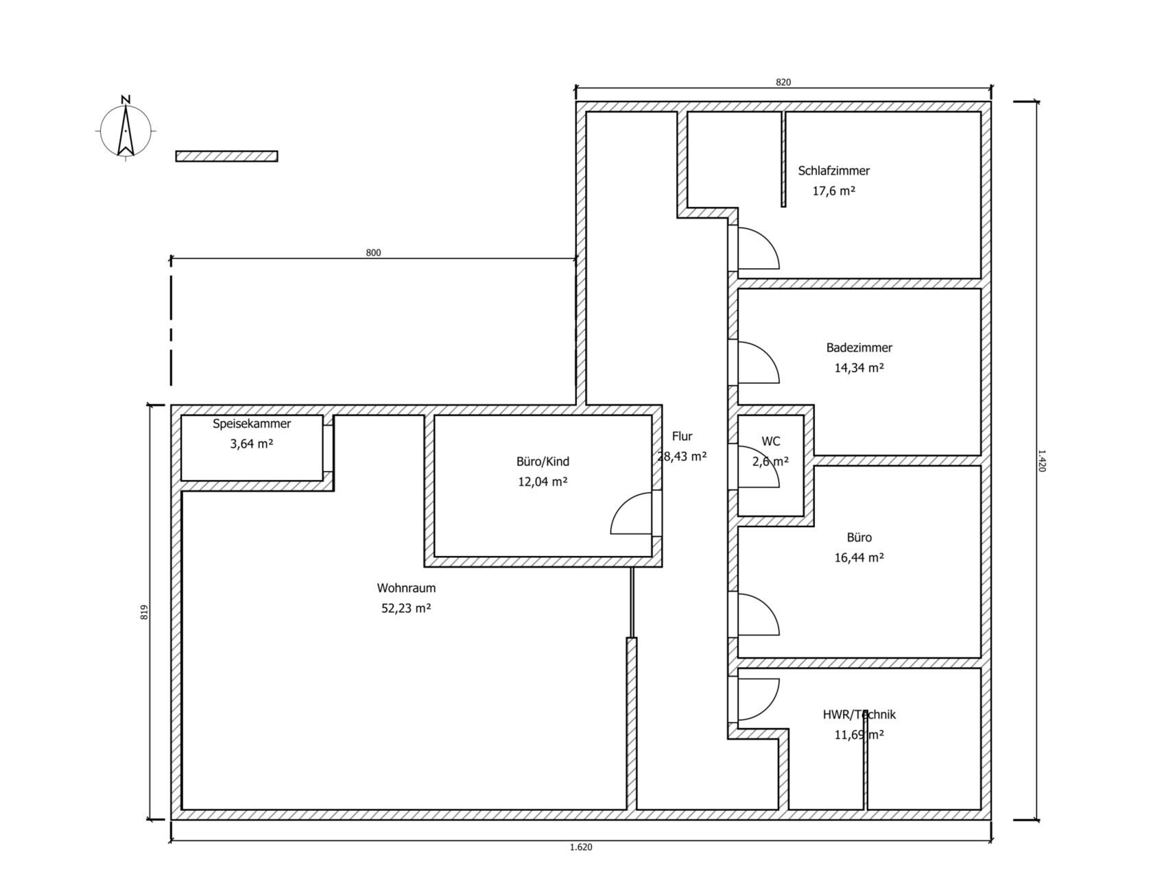 Grundrissplan eines Hauses mit Wohnzimmer, Buro, Schlafzimmer, Bad, WC und Flur