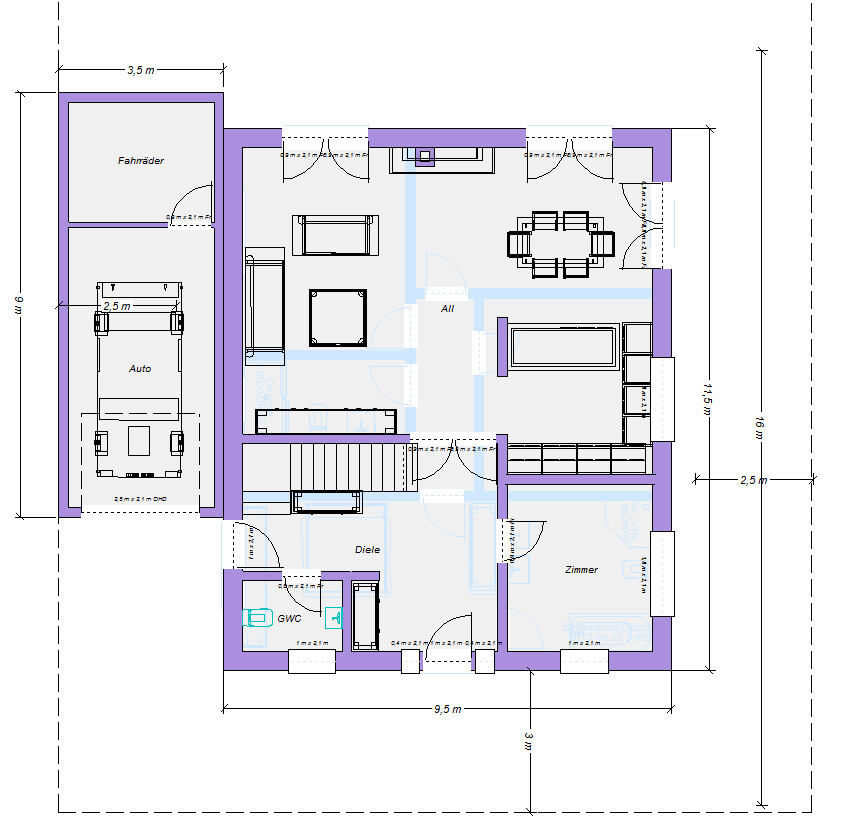 Grundriss eines Hauses: Garage mit Auto und Fahrrädern links, offener Wohn-/Essbereich, Diele, Zimmer