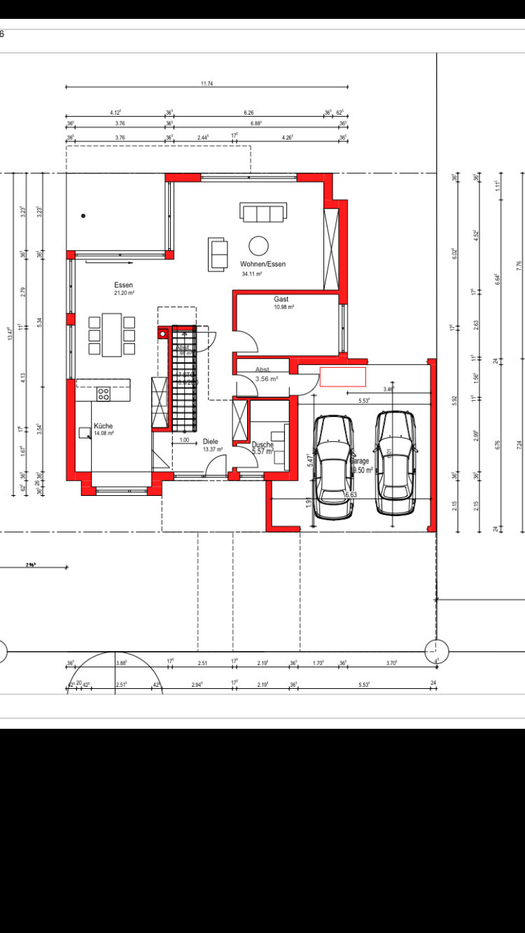 Architektur-Grundriss eines Einfamilienhauses mit Küche, Wohnzimmer, Essbereich und Garage