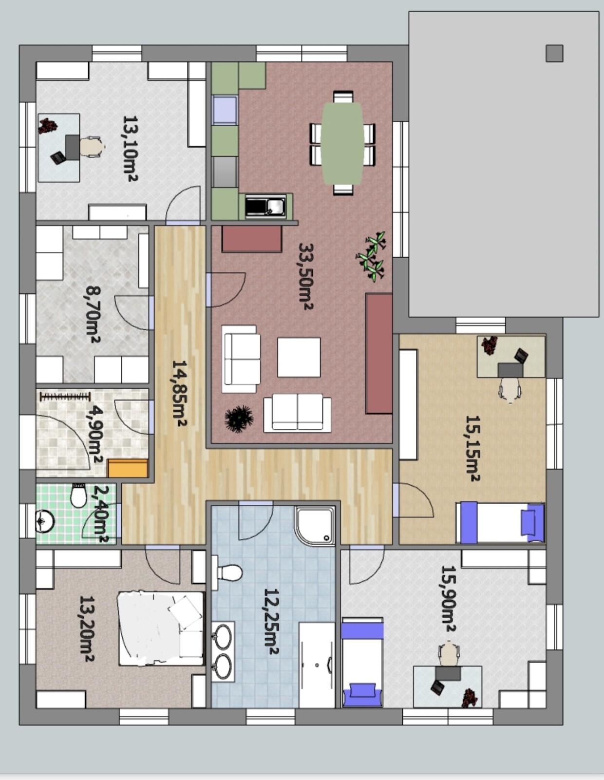 Detaillierter Grundriss eines Hauses mit Wohnzimmer, Küche, Essbereich, Bad, Flur und Schlafzimmern.