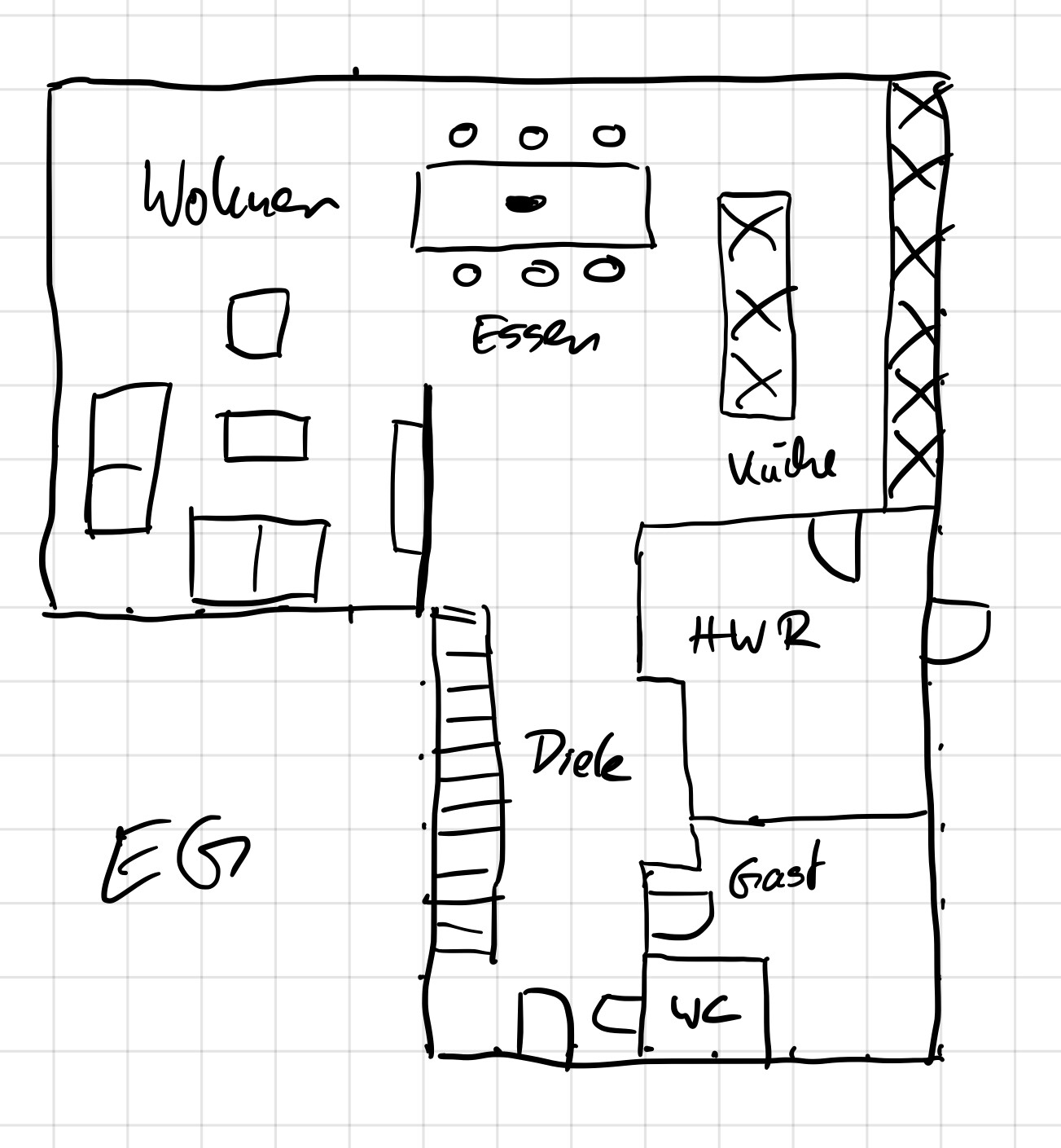 Handgezeichneter EG-Grundriss: links Wohnen, Essen, rechts Küche, Diele, HWR, Gast, WC, Treppe.