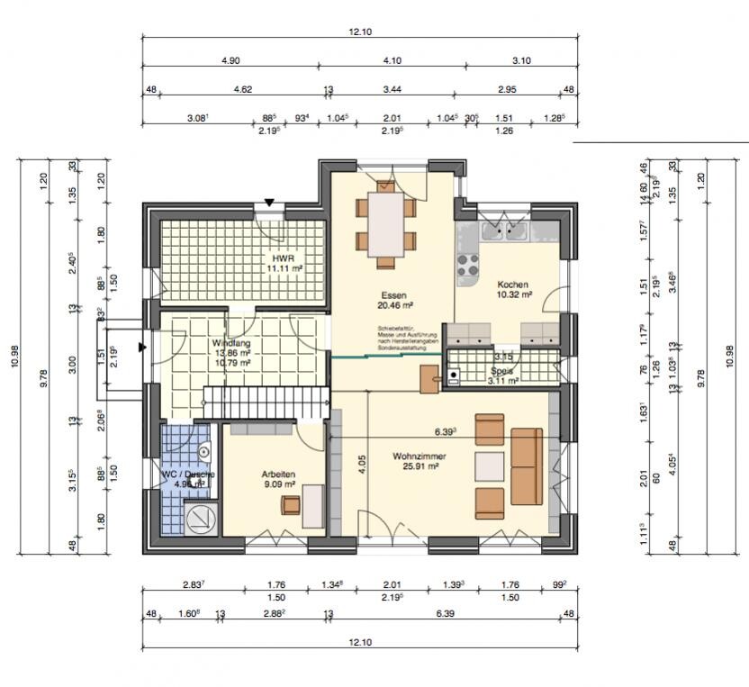 Grundriss eines Hauses mit Essen, Kochen, Wohnzimmer, Arbeiten, HWR und WC/Dusche.