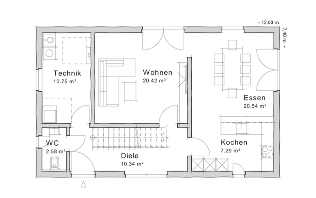 Grundrissplan eines Hauses mit Wohnzimmer, Küche, Essbereich, Diele, Technikraum und WC.