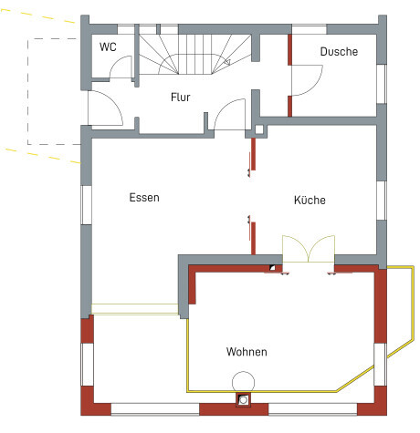 Grundriss eines Hauses mit Flur, Wohnzimmer, Essen, Küche, Dusche und WC.