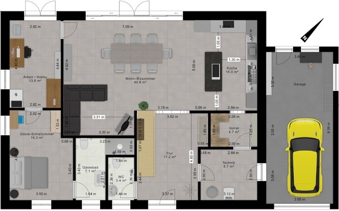 Grundrissplan eines Hauses mit Wohnzimmer, Kueche, Bad, Schlafzimmern und Garage.