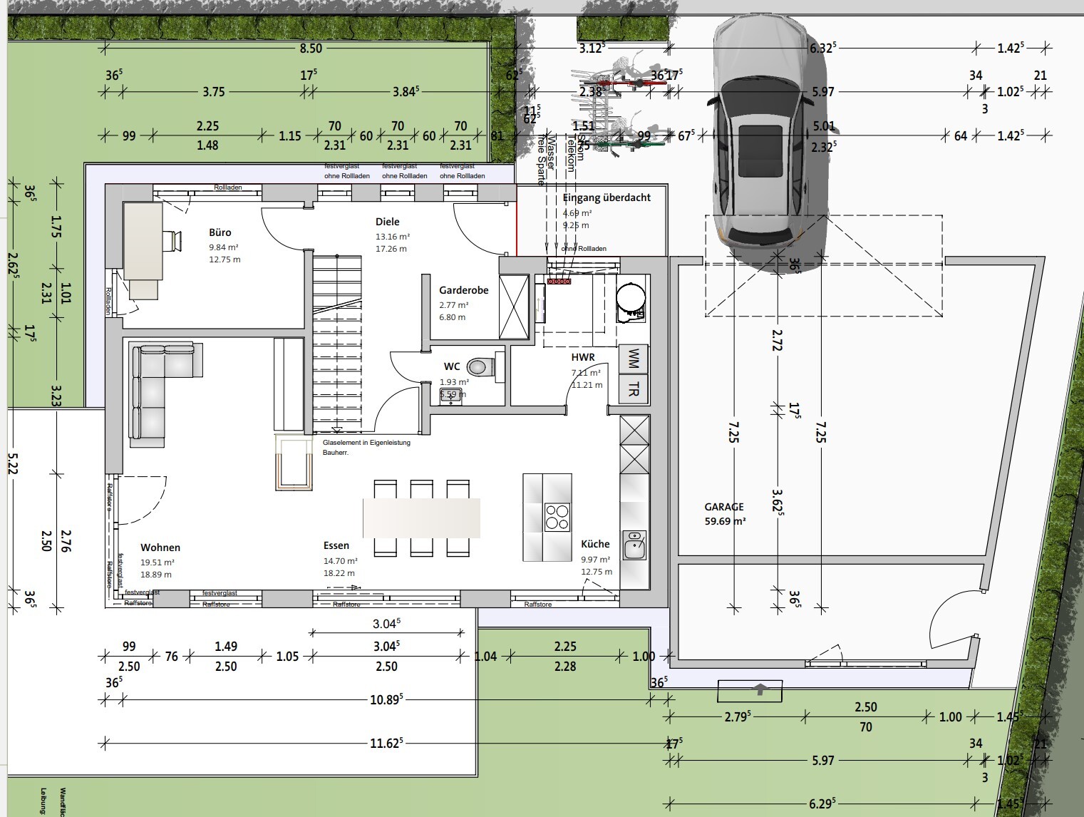 Grundriss eines Hauses: Wohnbereich, Essen, Küche, Büro, Diele, Garderobe, WC, HWR, Garage, Garten.