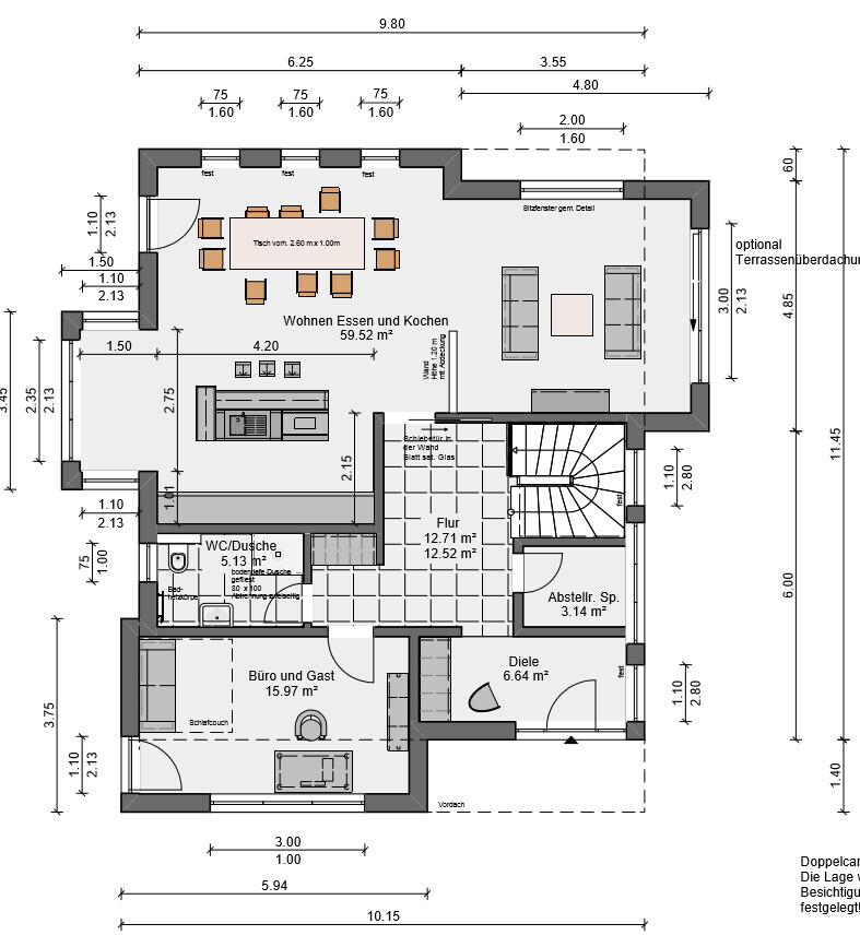 Grundriss eines Hauses: Küche, Essen, Wohnen, Büro, Flur, Diele, WC/Dusche, Abstellraum.