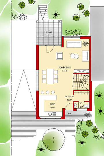 Grundriss eines Hauses: Balkon, Wohn-/Essbereich, Küche, Diele, WC, Garten