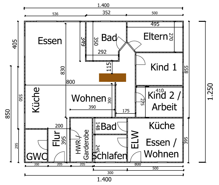 Grundriss eines Hauses mit Räumen wie Essen, Wohnen, Küche und Bad
