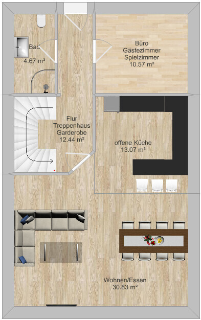 Grundriss eines Wohnhauses mit offener Küche, Wohnzimmer, Bad und Treppenhaus