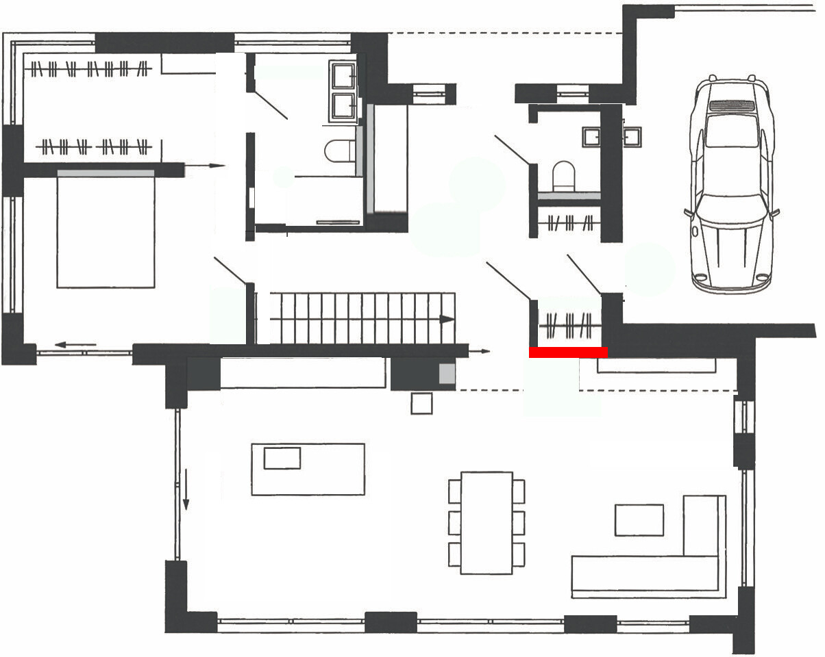 Offener Wohn- und Essbereich unten, Garage mit Auto rechts; rote Markierung an Wand.
