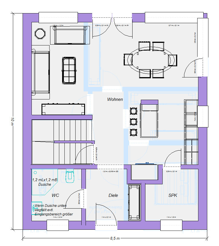 Grundriss eines Einfamilienhaus-Grundrisses: Wohnen, Esstisch, Küche, Diele, WC/Dusche, Treppe, SPK