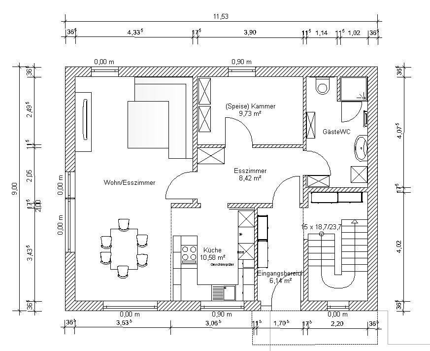 Grundriss eines Hauses: Wohn-/Esszimmer, Küche, Speisekammer, Esszimmer, Gäste-WC, Eingangsbereich.
