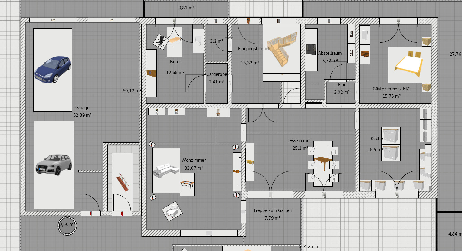 Grundriss eines Hauses mit Garage (2 Autos), Wohnzimmer, Küche, Esszimmer, Gästezimmer / KiZi, Büro.