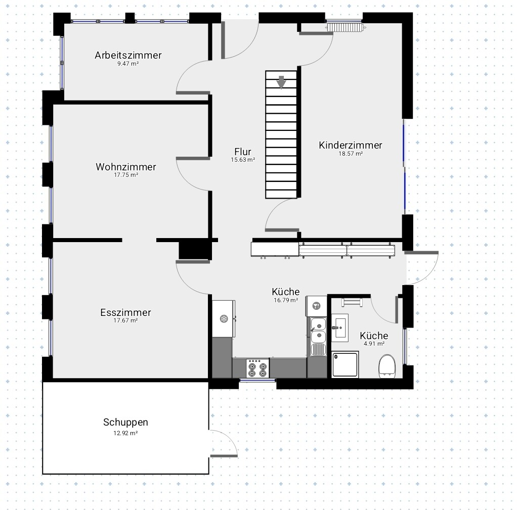 Grundriss eines Hauses mit Wohnzimmer, Esszimmer, Küche, Arbeitszimmer, Flur und Kinderzimmer.