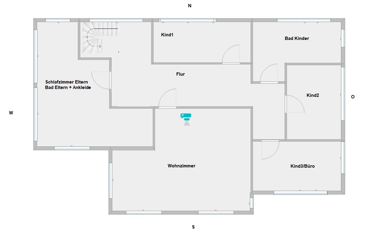 Grundriss: Wohnzimmer, Flur, Treppe, Elternzimmer mit Bad+Ankleide, Kind1, Kind2, Kind3/Büro.