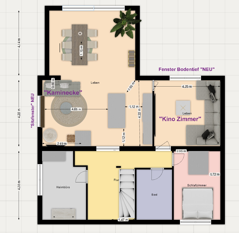 Grundriss eines Hauses: Offener Wohnbereich mit Kaminecke, Kino-Zimmer, Heimbüro, Bad, Schlafzimmer