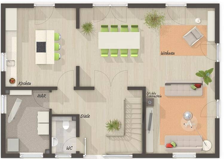 Grundriss eines Hauses mit Küche, Essecke, Wohnzimmer, Diele, WC und Treppenhaus.