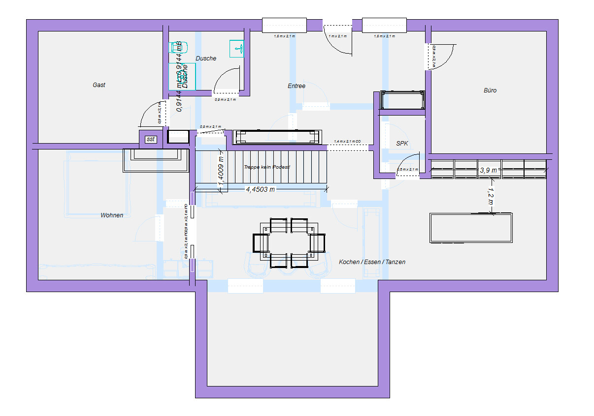 Grundriss: zentrale Treppe, offener Koch/Essen/Tanzen, Gäste- und Bürobereiche, Entrée.