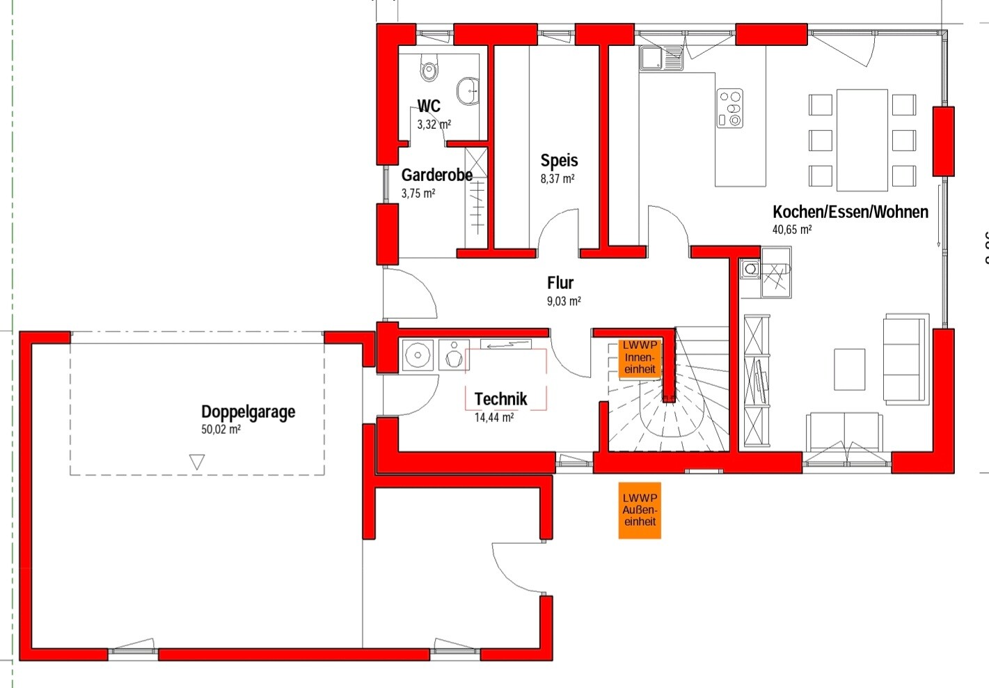 Detaillierter Grundrissplan eines Hauses mit Küche, Wohnzimmer, Speis, Flur, Technik und Doppelgarage