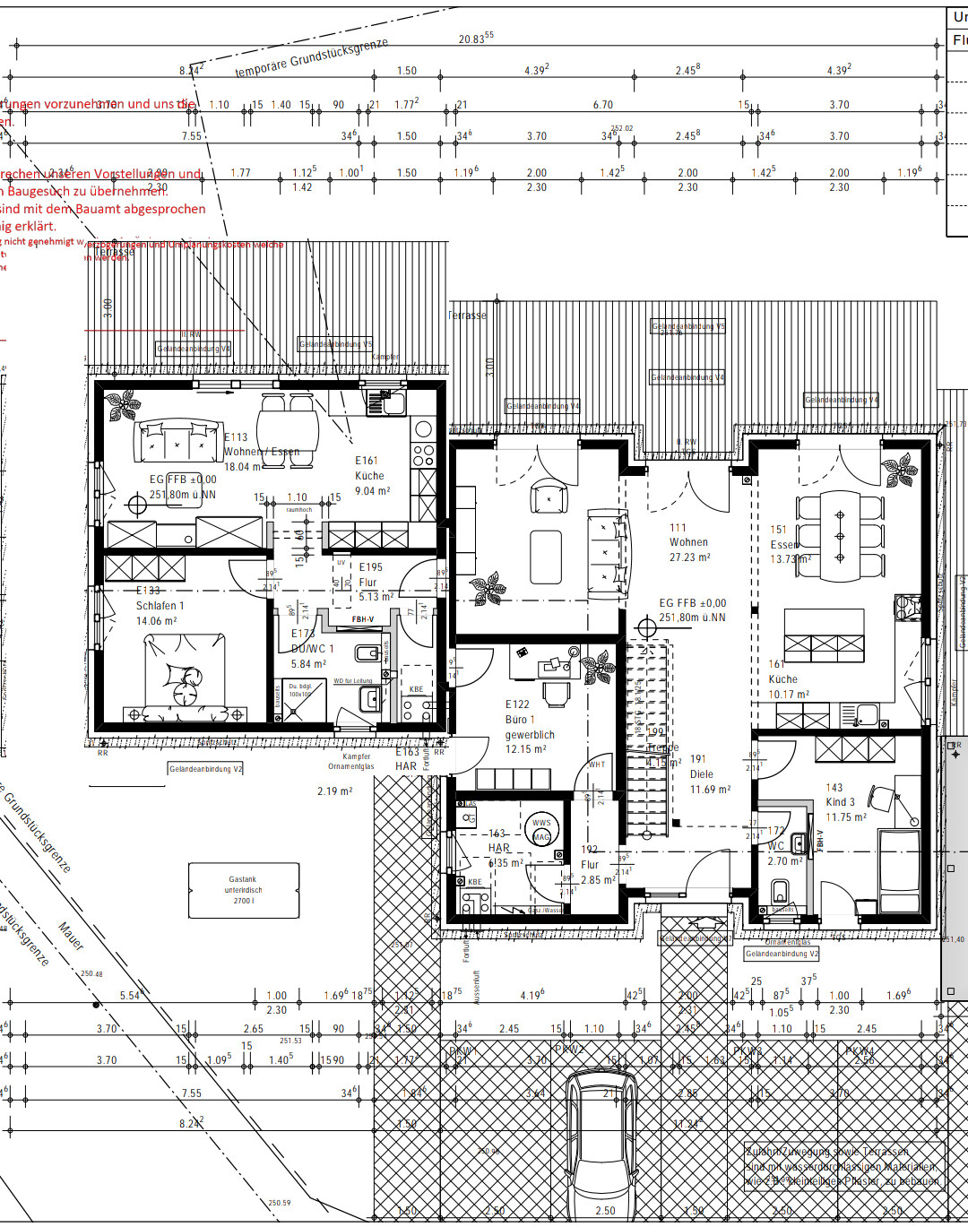 Grundriss eines Hauses mit Wohnzimmer, Küche, Schlafzimmer, Bad, Flur und Terrasse