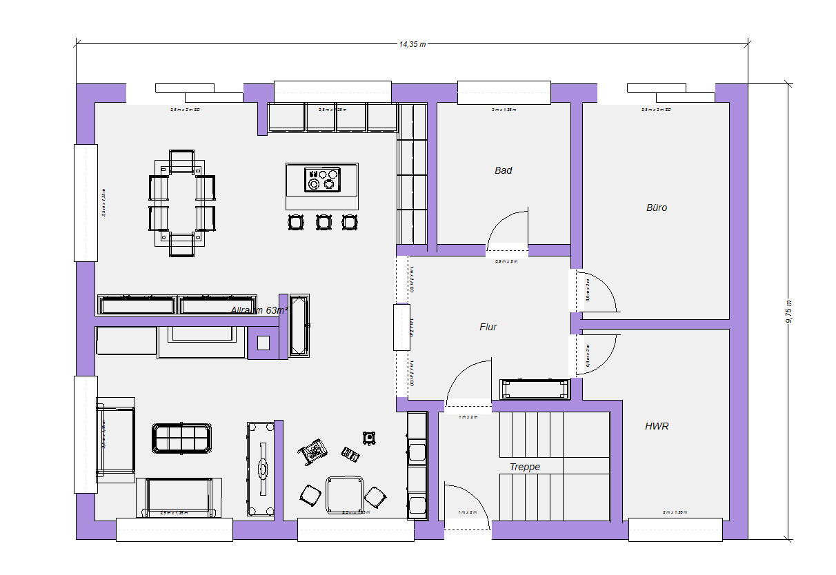Grundriss eines Hauses: offener Wohn-/Küchenbereich, Bad, Büro, Flur, HWR, Treppe.
