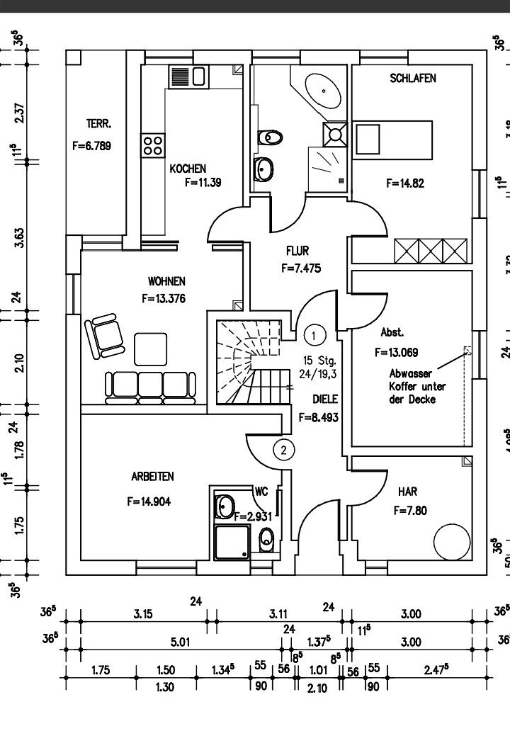 Grundriss einer Wohnung: Wohnen, Kochen, Flur, Bad, Schlafen, Arbeiten, Abstellraum, Terrasse.