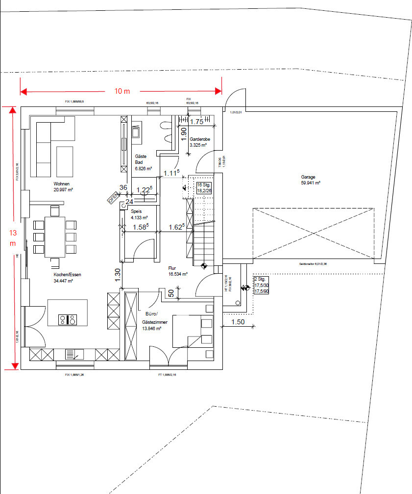 2D-Grundriss eines Hauses mit Wohnbereich, Küche, Flur, Bad und Garage