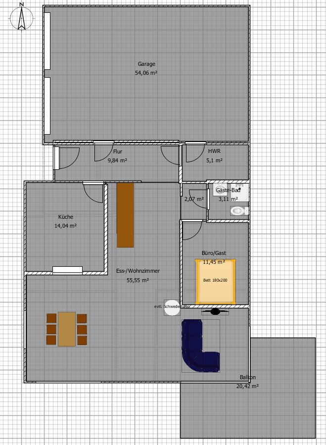 Grundriss eines Hauses: Garage, Flur, Küche, Ess-/Wohnzimmer, Büro/Gast, Gäste-Bad, Balkon.