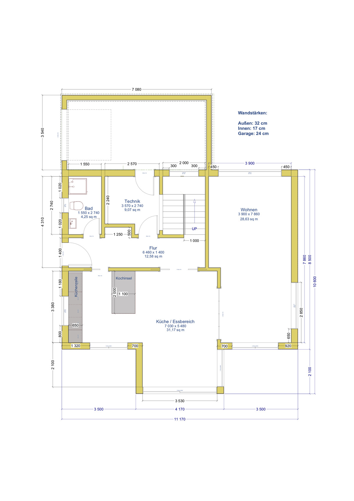 Grundriss eines Hauses mit Küche, Essbereich, Wohnen, Bad, Flur, Technik, Treppenhaus und Maßen.