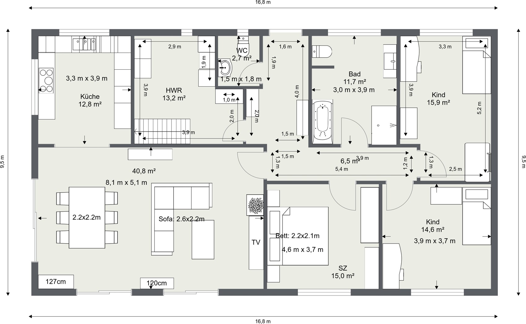 Grundriss eines Hauses: Küche, HWR, WC, Bad, zwei Kinderzimmer, Schlafzimmer, Wohn-/Essbereich.