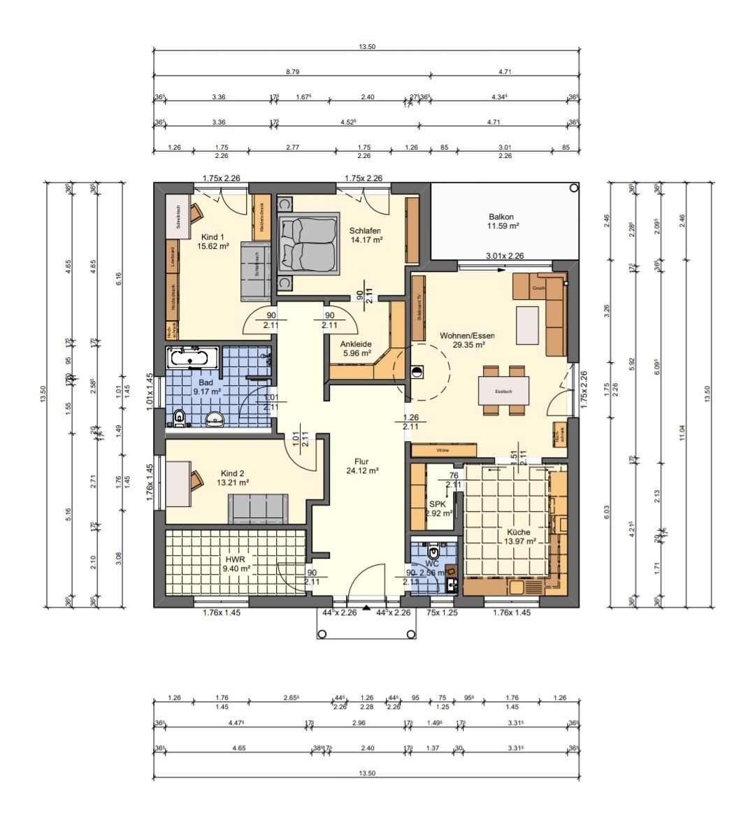 Grundriss einer Wohnung mit Küche, Wohnen/Essen, Bad, Schlafzimmer, Balkon.