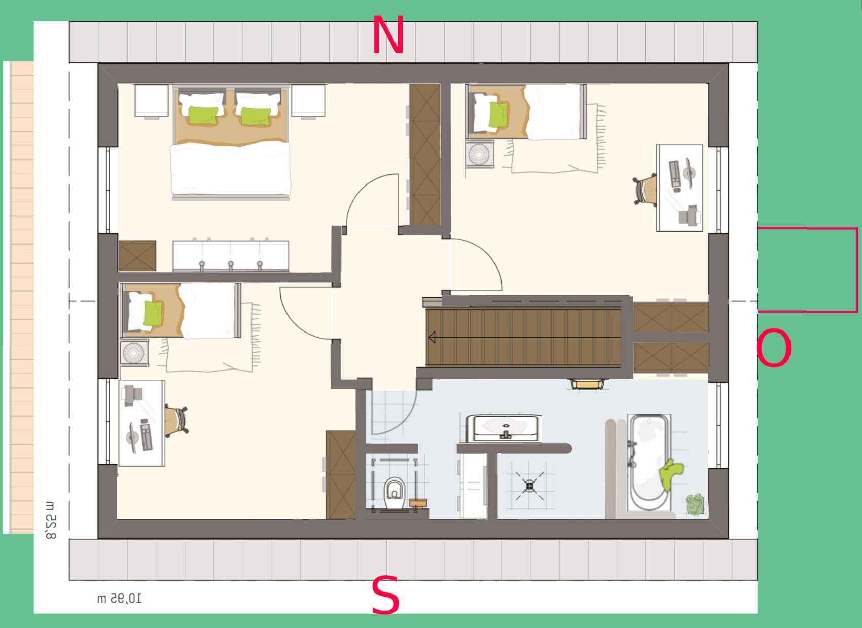 Grundriss eines Wohnhauses mit drei Schlafzimmern, Bad, Küche, Arbeitszimmer und Treppenhaus