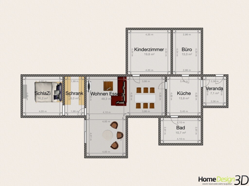 Grundriss eines Hauses: Schlafzimmer, Kinderzimmer, Büro, Wohnzimmer/Essbereich, Küche, Bad, Veranda