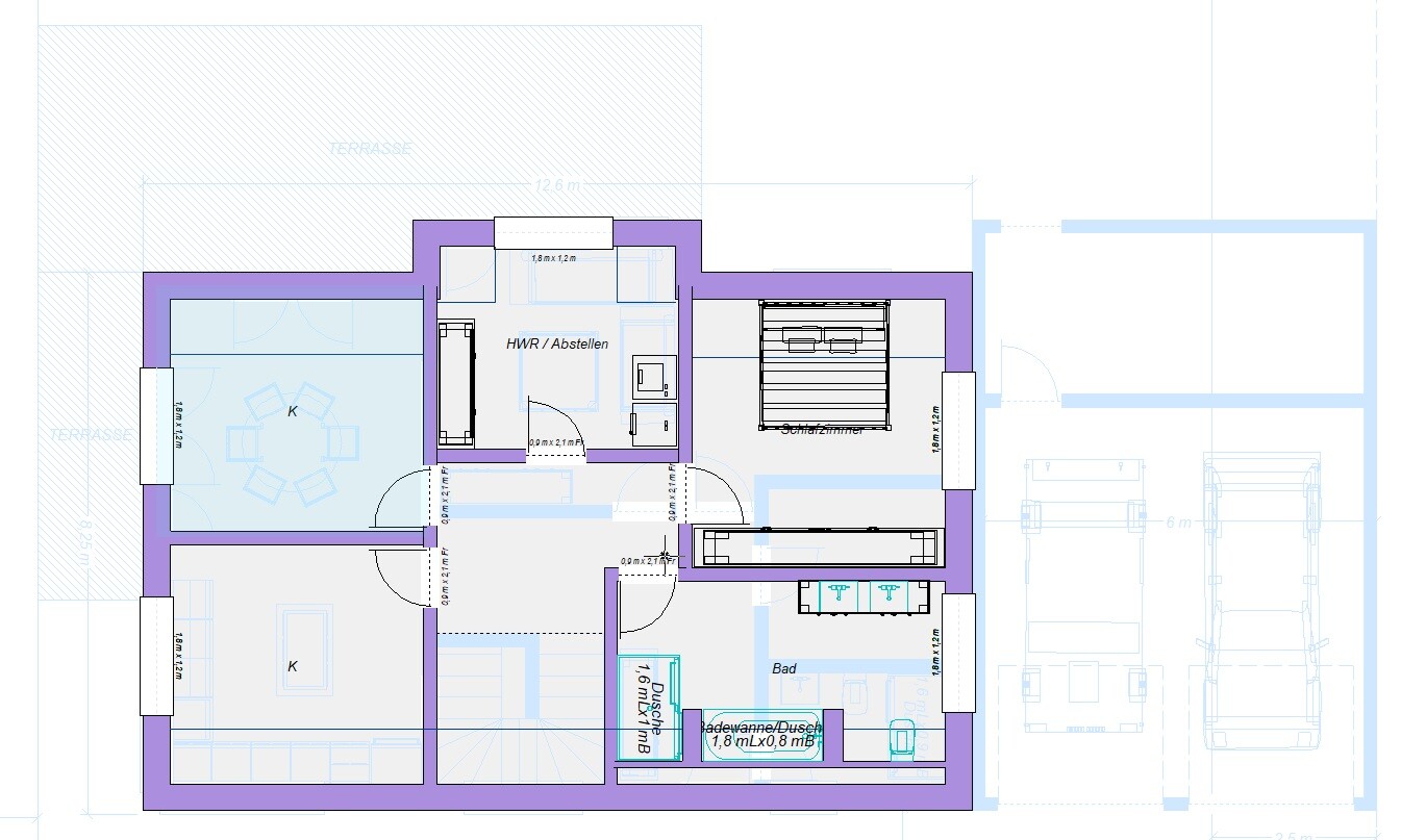 Grundriss eines Wohnhauses mit Küche (K), Bad, HWR/Abstellen, Treppen, Garage.