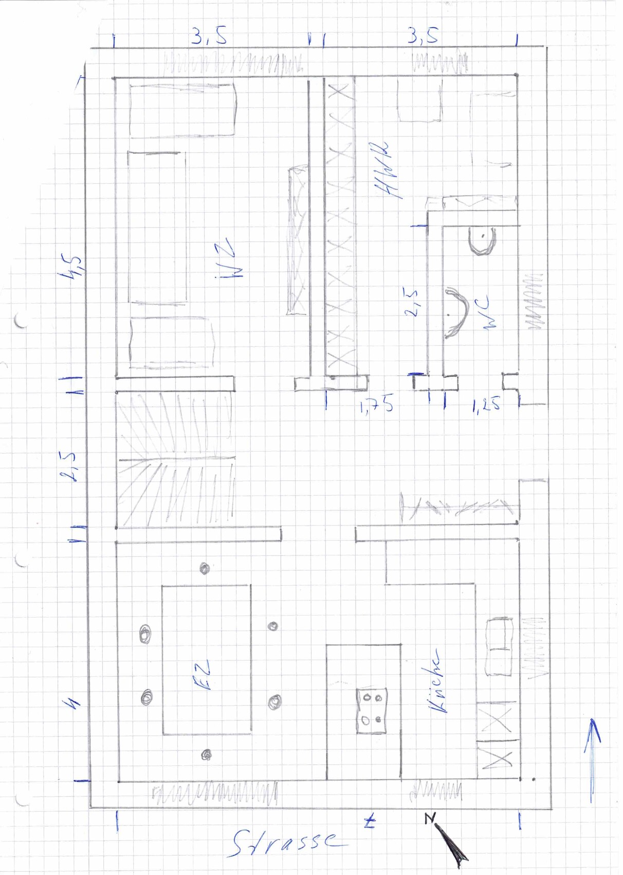 Skizze eines Wohnungsgrundrisses mit Küche, Esszimmer, Wohnzimmer und Flur.