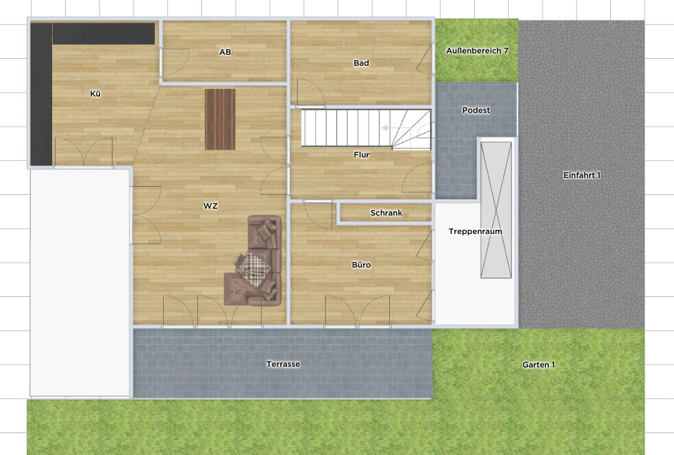 Grundriss eines Hauses mit Küche, Wohnzimmer, Büro, Bad, Flur, Terrasse und Garten.