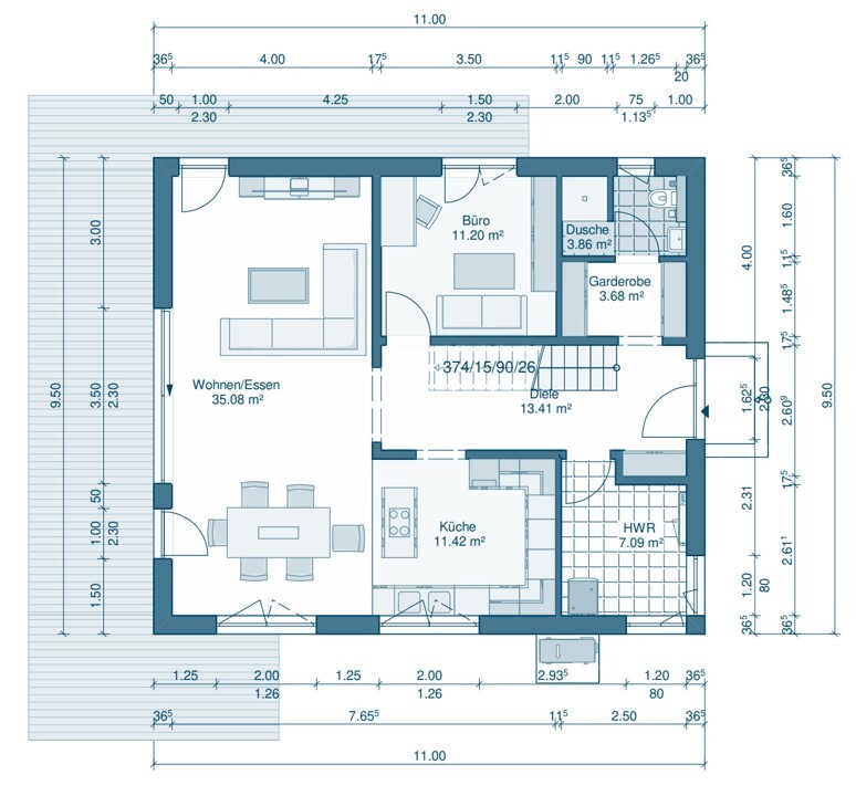 Grundriss eines Hauses mit Wohnen/Essen, Küche, Büro, Diele, HWR, Dusche und Garderobe.