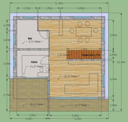 2D Grundrissplan eines Hauses mit Bad, Küche, Wohnzimmer, Treppe und Terrasse