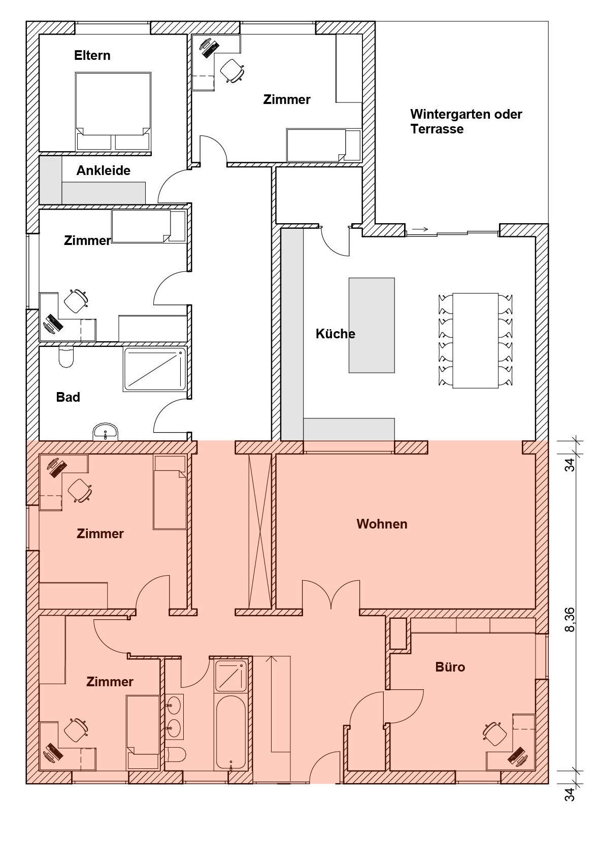 Grundriss eines Hauses mit Wohnzimmer, Kuche, Bad, Zimmer, Buero und Terrasse.