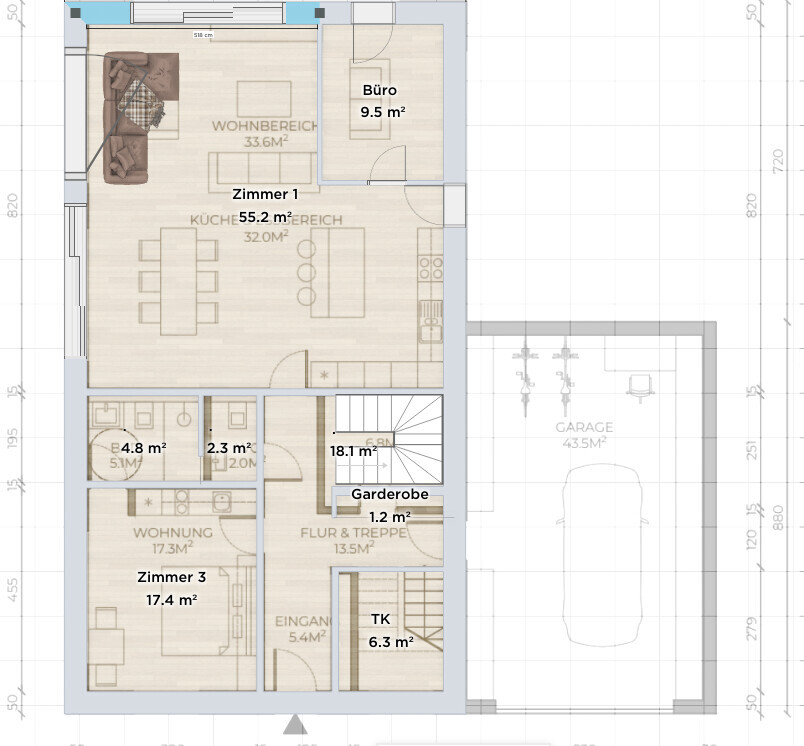 Grundriss eines Hauses: Wohnzimmer, Küche/Essbereich, Büro, Zimmer 3, Flur, Garderobe, Garage.