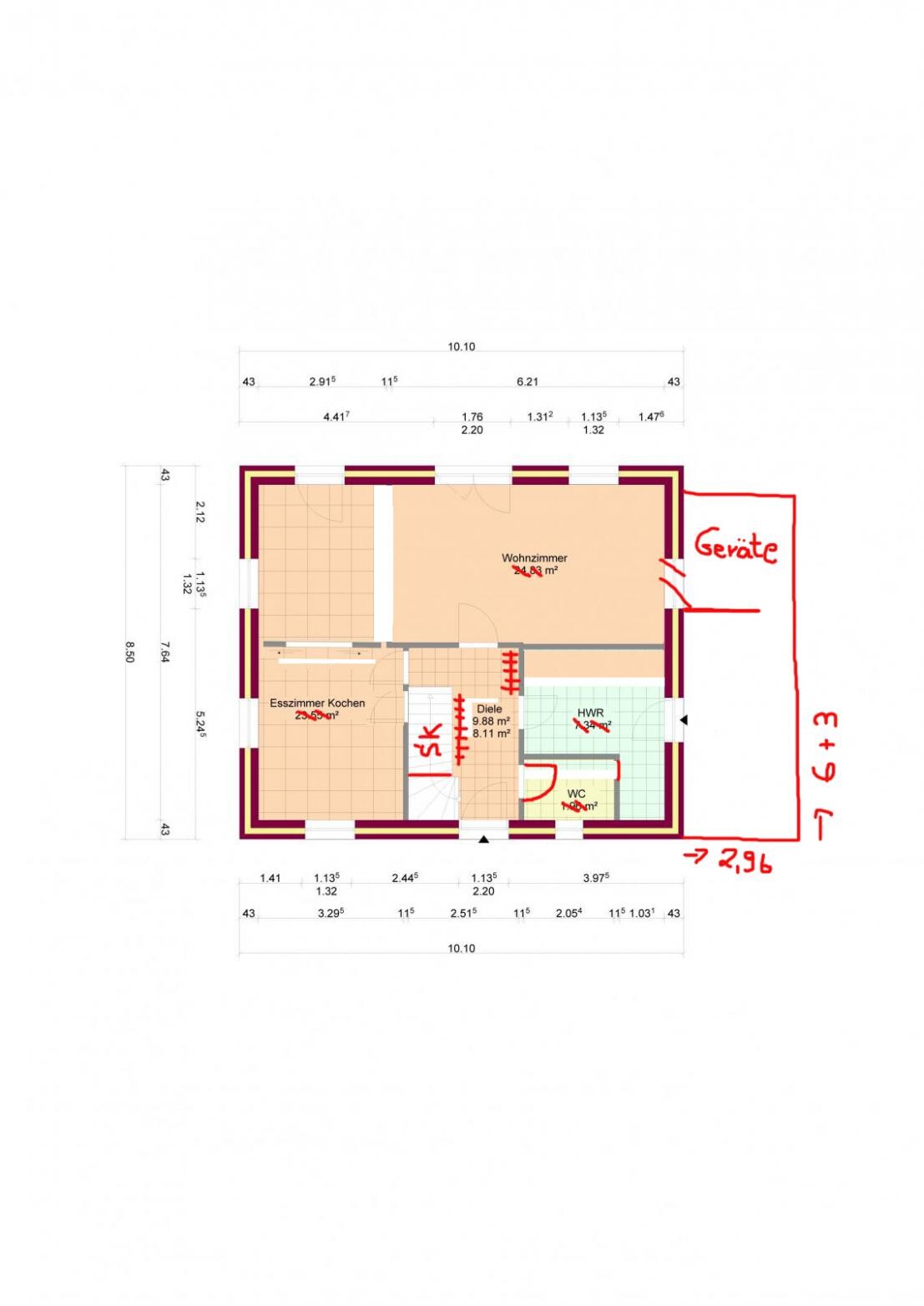 2D Grundriss eines Hauses mit Wohnzimmer, Küche, Diele, Bad und Eingang